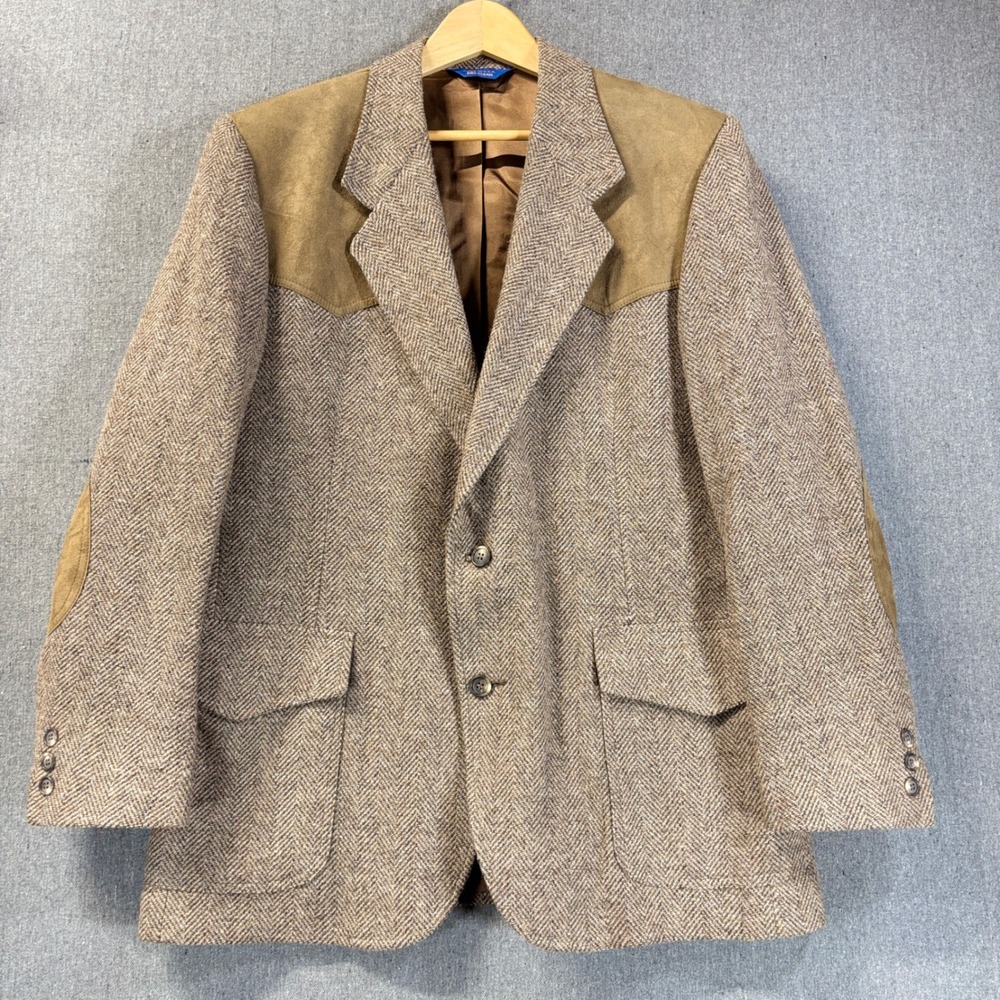 VTG 70s Pendleton Wool Western Blazer Suede Brown Herringbone Tweed SZ 44